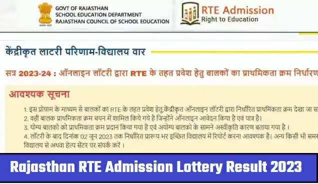 Rajasthan RTE Admission Lottery Result 2023 :